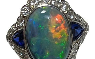 Ladys Black Opal, Blue Sapphire and Diamonds Ring in Platinum