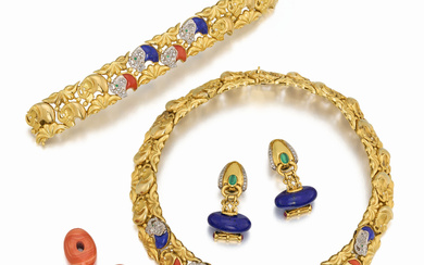Lapis Lazuli-Coral-Diamond-Set: Necklace, Bracelet, Ear Studs