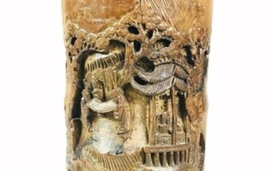 Large Carved Chinese Bamboo Brush Pot.