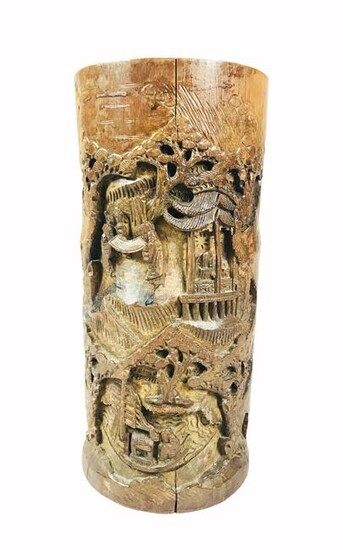 Large Carved Chinese Bamboo Brush Pot.