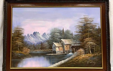Large Signed Oil On Canvas Cabin On The Lake (JB223)