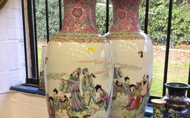 Large pair of Chinese famille rose porcelain baluster vases, 20th century, painted with figures and calligraphy, 61.5cm high