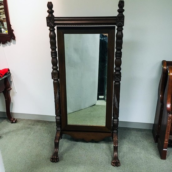Late Federal Carved Mahogany Cheval Mirror, ht. 67, wd. 31 in.