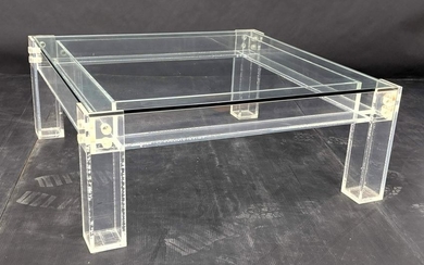 Lg Square Modernist Lucite Glass Coffee Table. Right an
