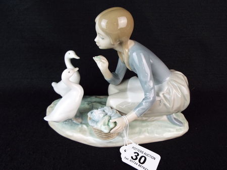 Lladro figurine of a girl feeding geese. 10 inches long. Excellent condition.