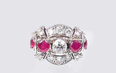 An Art-déco Ring with Diamonds and Rubies
