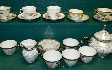 Lot Porc Cups/Saucers & Bavarian Silver Overlay Tea Set
