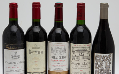 Lot of wine/red wine, five bottles, Mähler-Besse, Château D'Arche, Cru Bourgeois, Château de Rives, Bordeaux, Bentivolgio, Toscana, Clos de L'Hermitage, Château La Lagune, Grand Cru, 1990s/2000s, France, Italy (5).