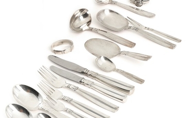 “Lotus”. Silver cutlery. Manufactured by Horsens Sølvvarefabrik and W. &. S. Sørensen. Weight excl. parts with steel app. 3157 gr. (110)