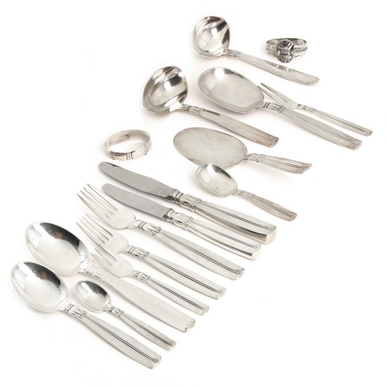 “Lotus”. Silver cutlery. Manufactured by Horsens Sølvvarefabrik and W. &. S. Sørensen. Weight excl. parts with steel app. 3157 gr. (110)