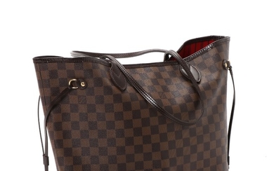 Louis Vuitton: A “Neverfull” bag of brown Damier canvas, brown leather trimmings, handles of brown leather, gold coloured hardware.