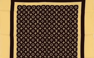SOLD. Louis Vuitton: A silk scarf with brown and gold toned monogram print. 77 x...