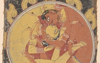Lovers in the Mirror, Orissa, 18th century, opaque watercolour on cotton, the figures depicted in an embrace, 20 x 15cm. Two lovers are entwined together in a passionate embrace, their limbs and serpentine bodies fused together into a fiery circle...