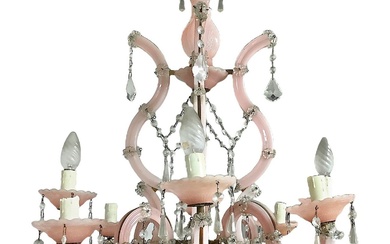 Lustre en verre de Murano, rose, 8 lumières, 20ème siècle H cm 70, diametr0 60...