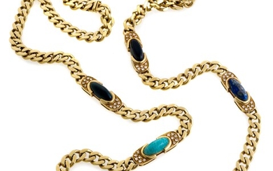 MAGNIFIQUE COLLIER en or jaune 18 carats, avec motif de chaîne orné de rubis, lapis-lazuli,...