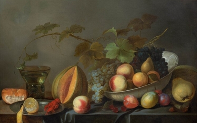 MICHIEL SIMONS le Jeune(actif à Anvers vers 1648-1673 Utrecht)Nature morte avec verre romain et pêches...