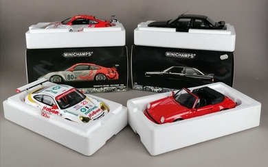 MINICHAMPS - QUATRE voitures échelle 1/18 : 1x Porsche 911 Carrera cabriolet 1983 1x BMW...