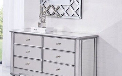 MIRRORED CABINET DRESSER CHEST SILVER LIVING ROOM BEDROOM 6 DRAWERS STORAGE 48"