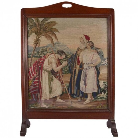 Mahogany Biblical Pictorial Needlepoint Fire Screen