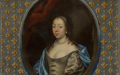 Manner of Sir Anthony Van Dyck, late 18th / early 19th century- Portrait of Queen Henrietta Maria (1609- 1669), half-length, in a grey dress, wearing a pearl necklace, in a feigned oval, surrounded by a painted decorative motif; oil on canvas, 90.2...