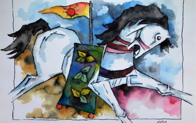 Maqbool Fida Hussain Raging Horse WC Painting