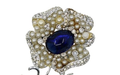 Marvella Silver Tone Pearl & Diamond Rhinestone Blue Flower Brooch Pin