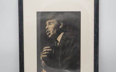Masu : Dessin au fusain, portrait de Jacques Brel, signé en bas à gauche, encadré...