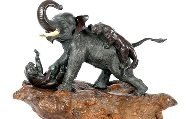 Meiji Style Bronze Elephant Fighting Tigers