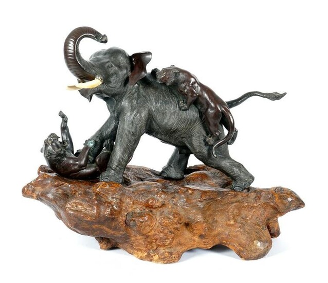 Meiji Style Bronze Elephant Fighting Tigers
