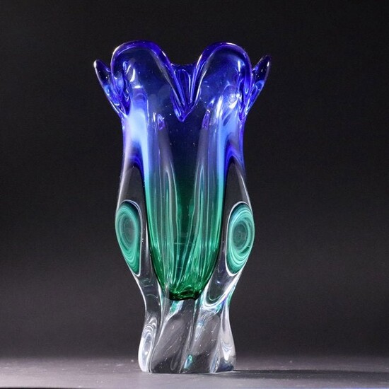 Mid-Century Seguso Sculptured Glass Vase Blue Green