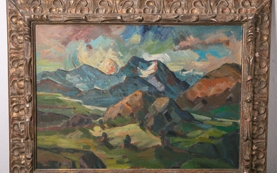 Monogrammiste inconnu (probablement du 19e siècle), paysage peint de manière expressionniste, huile/carton de peinture, représentation...