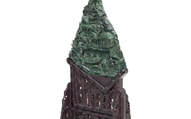 Monumental Chinese Carved Green Jade Village on Wood Base, Early 20th Century