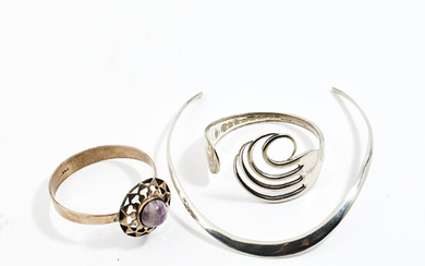 NECKLACE and 2 bracelets, necklace sterling silver, bracelet silver with amethyst, bracelet in nickel silver, rewired fork.