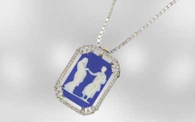 Necklace: antique platinum pendant with ceramic cameo and...
