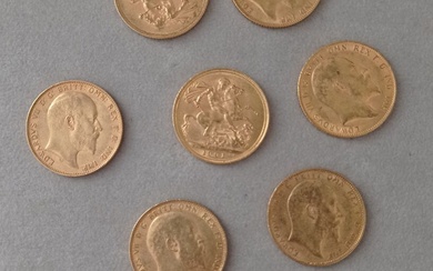 Neuf pièces or anglaises (Victoria et Edward VII). (Usures)