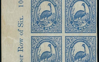 New South Wales 1888-89 Centennial 2d. Prussian blue imperforate block of four with margin at...