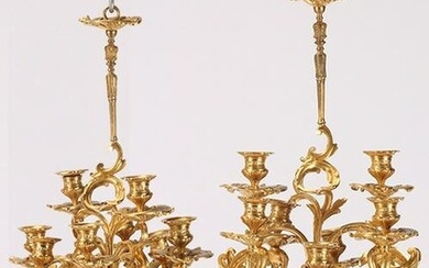 PAIR 19TH C FRENCH GILT BRONZE 8 ARM CHANDELIERS