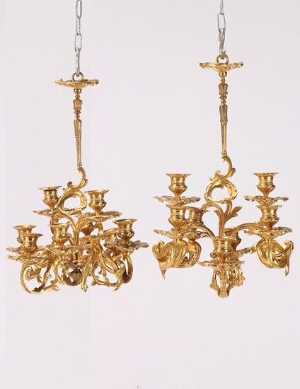 PAIR 19TH C FRENCH GILT BRONZE 8 ARM CHANDELIERS