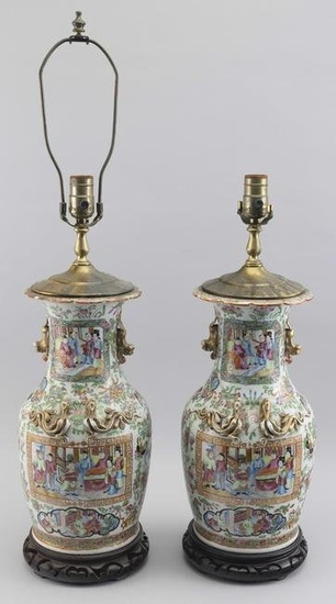 PAIR OF CHINESE EXPORT ROSE MEDALLION PORCELAIN BALUSTER VASES 19th Century Vase heights 14.25".