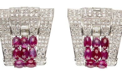 PAIR OF PLATINUM, RUBY AND DIAMOND DRESS CLIPS, CIRCA 1930 Accompanied by a GIA report numbered 2264960965, dated 18 September 2017,...