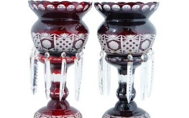 PAIR OF VINTAGE CZECH BOHEMIAN RUBY GLASS LUSTERS
