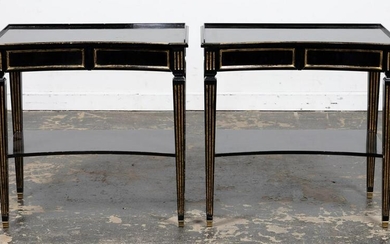 PAIR TWO DRAWER BLACK LACQUER SIDE TABLES, 20TH C.
