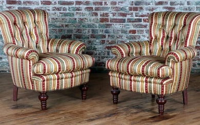 PAIR UPHOLSTERED LIBRARY CHAIRS ROLLED BACKS ARMS