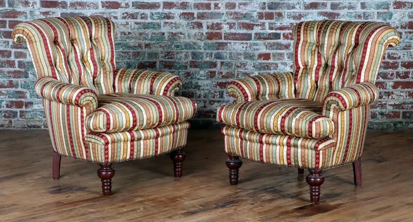 PAIR UPHOLSTERED LIBRARY CHAIRS ROLLED BACKS ARMS