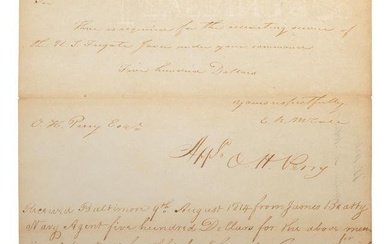 PERRY, Oliver Hazard (1785-1819). Signature ("O. H. Perry"), accomplished beneath a manuscript note