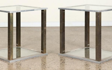 PR POLISHED ALUMINUM BRASS END TABLES INSET GLASS