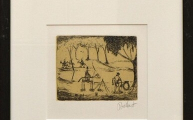 PRO HART, UP CAME A SQUATTER.... FROM THE WALTZING MATILDA SERIES, ETCHING 74/100, SIGNED BELOW IMAGE, EDITIONED ON LABEL VERSO, 12....