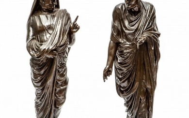 Paar kapitale bruin gepatineerde bronzen sculpturen voorstellende Romeinse Senatoren, 19e...