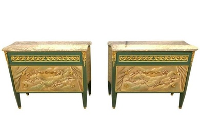 Paint Decorated Hollywood Regency Marble-Top Commodes Manner of M. Jansen, Pair
