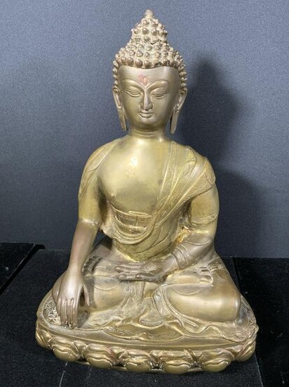 Painted & Etched Metal Seated Buddha Sculpture